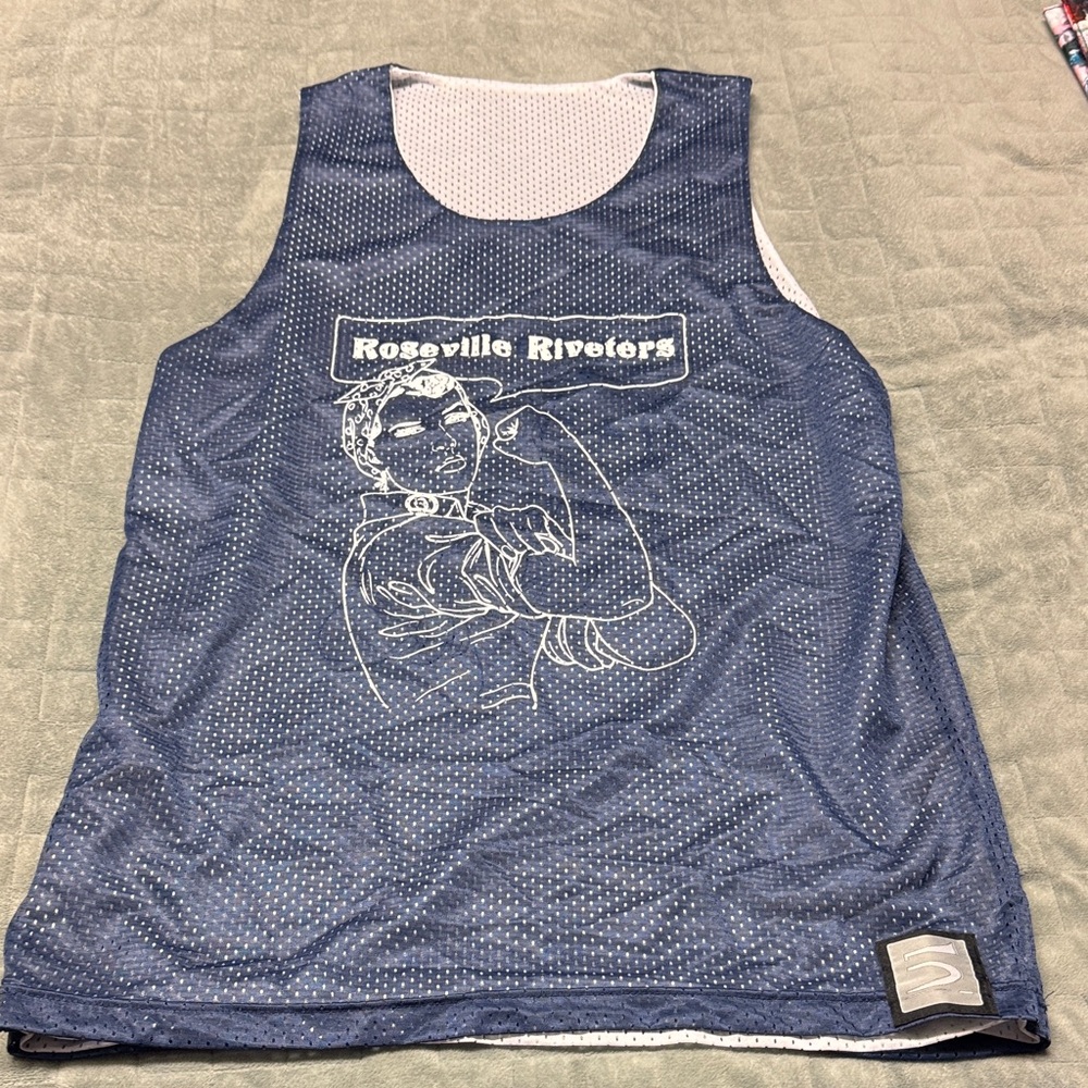 Rosie the Riveter Jersey, Reversible Blue, White, Mesh, Retro, Size S